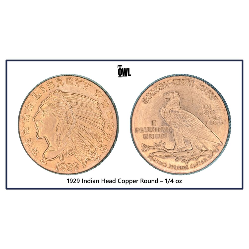 1929 Indian Head Copper Round – 1/4 oz .999 Fine Copper – Collectible Design